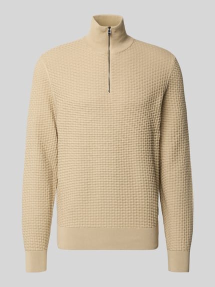 Productfoto, Regular Fit Troyer uit zuivere katoen model 'H-ULICIO' van BOSS in effen ribbreistructuur, beige kleur, korte rits, lange mouw, geribde boorden