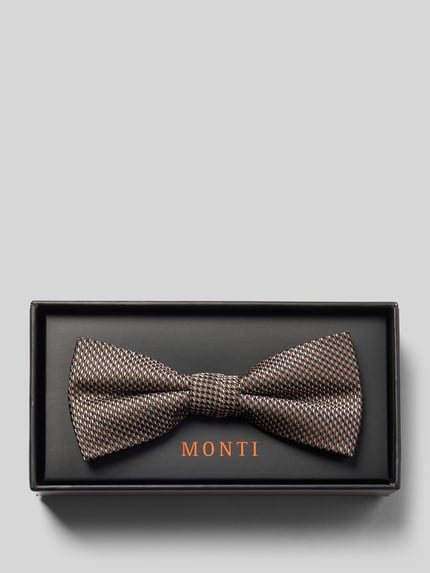 Productfoto, Fliege aus Seide mit Strukturmuster van Monti, klassieke vorm, fijn geweven textuur in bruintinten, herenaccessoire.