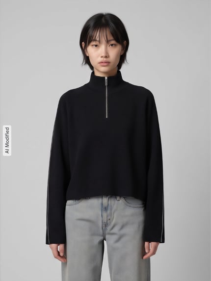 Vrouwenmodel draagt zwarte loose fit pullover met schipperskraag model 'SABA' van VERO MODA, Dames pullover, vooraanzicht, KI-modificeerd beeld