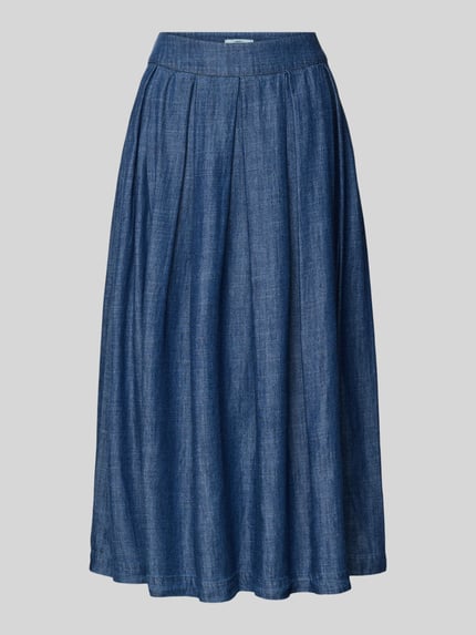 Produktfoto, Midirock mit elastischem Bund Modell 'KYLIE' von 0039 Italy aus Lyocell-Mix mit Leinen, A-Linie, blaue Textur.