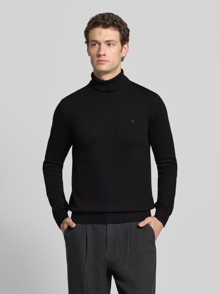 Christian Berg Men sweter z dzianiny w kroju regular fit z mieszanki bawełny i wełny z golfem Czarny 4