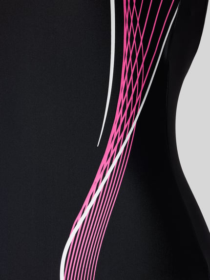 Productfoto, zwart-roze Slim Fit Badeanzug met Logo-Print Modell 'Control' van Arena, gladde stof, detailopname, dames badpak.