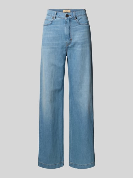Produktfoto, Loose Fit Weite Hose aus Baumwoll-Leinen-Mix Modell 'LATINO' von Weekend Max Mara in Melange-Optik, hellblauer Farbton, 5-Pocket-Design, High-Waist, Label-Patch und Label-Stitching, Knopf und verdeckter Reißverschluss, Materialverarbeitung Batist