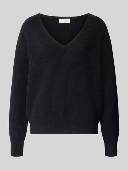 Produktfoto, Strickpullover mit Leinen-Anteil Modell 'DAMSVILLE' von American Vintage in Schwarz, lockere Passform, Ripp-Optik, V-Ausschnitt