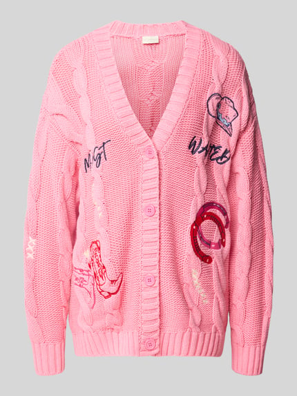 Produktfoto, Cardigan mit Motiv-Stitchings und V-Ausschnitt von Milano Italy in Rosa, Baumwoll-Mix, lockere Passform, sichtbare Textur