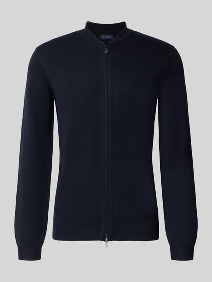 Produktfoto, Slim Fit Strickjacke aus Baumwoll-Mix mit Stehkragen von Christian Berg Men, dunkelblau, Zweiwege-Reißverschluss, gerippte Abschlüsse