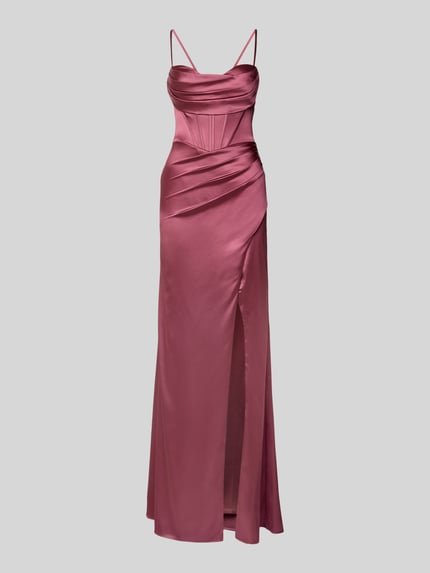 Produktfoto, Abendkleid aus Satin mit Gehschlitz und rückseitiger Schnürung von Luxuar, satynowa powierzchnia, podkreślająca figurę, sukienka gorsetowa, długa sukienka, marszczenia, rozcięcie, wiązanie z tyłu, długość tyłu 148 cm, szerokość klatki piersiowej 35 cm, rozmiar 36