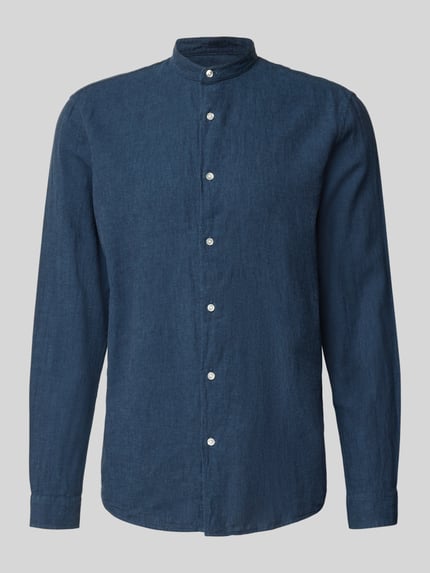 Produktfoto, Regular Fit Freizeithemd aus Leinen-Baumwoll-Mix von MCNEAL in Dunkelblau mit Stehkragen und Knopfleiste, glatte Textur