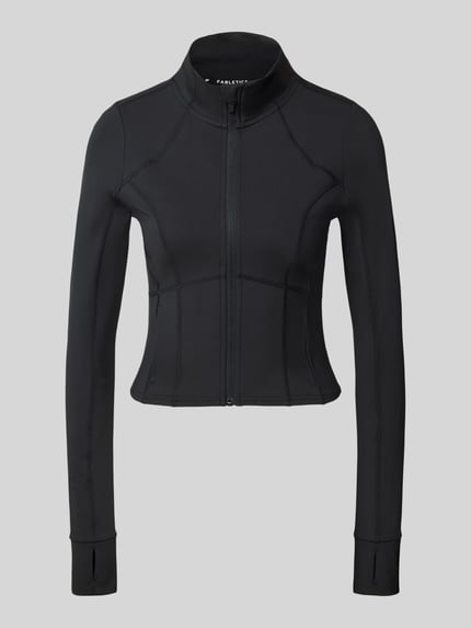 Produktfoto, schwarze Damenjacke Slim Fit Jacke mit Stehkragen Modell 'STORM' von Fabletics, glatte Textur, Reißverschluss, schlichte Form