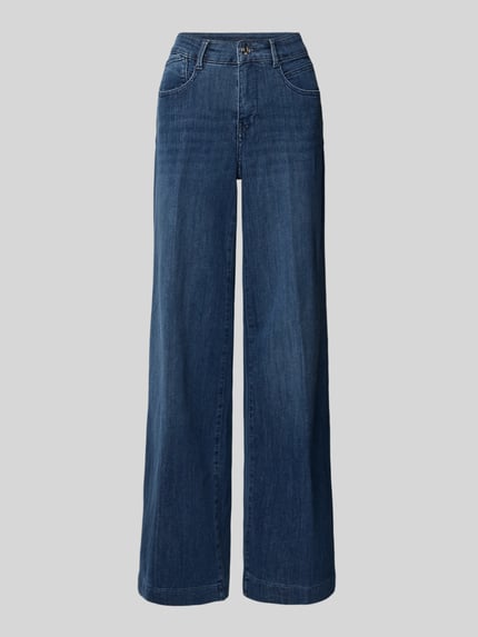 Productfoto, Jeans met wijde pijpen model 'Palazzo' van MAC, donkerblauwe katoenmengsel met stretch, zijzakken, rechte snit