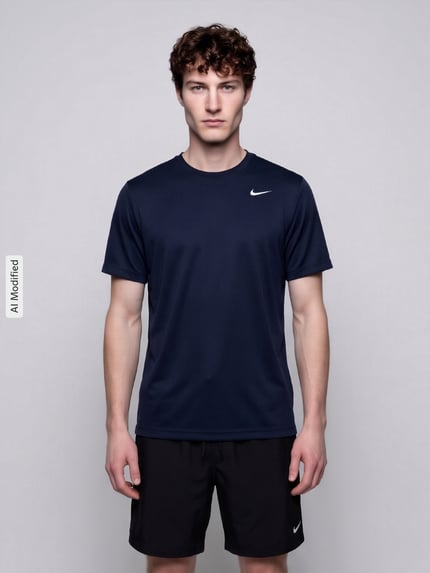 Mannelijk model draagt donkerblauw Regular Fit Sport-T-Shirt met logo- en motiefprint van Nike Training, t-shirt, voorkant, KI-modificeerd beeld