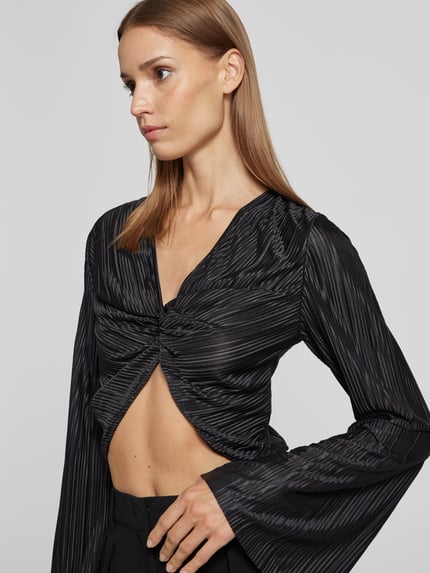 VERO MODA Shirt met lange mouwen en knoopdetails van plissé, model 'PLIS' Zwart - 3