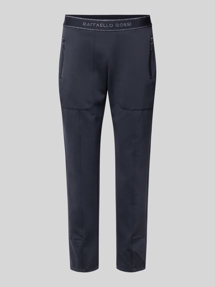 Produktfoto, dunkelblaue Stoffhose in verkürzter Passform Modell 'CORRY' von Raffaello Rossi mit elastischem Logo-Bund, Reißverschlusstaschen, Material-Mix mit Stretch-Anteil, gerader Schnitt, Bundweite 39 cm, Innenbeinlänge 71 cm.