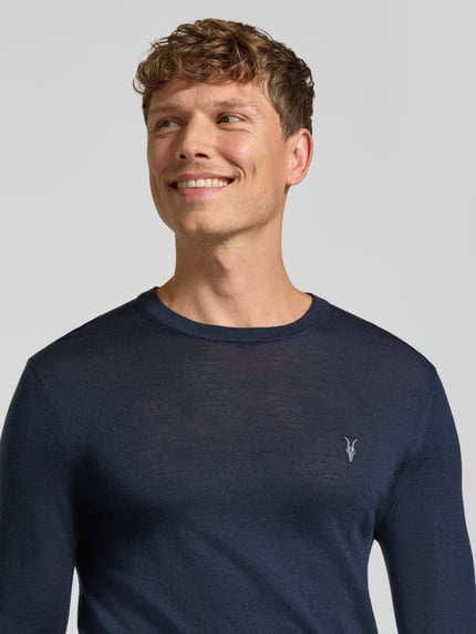 AllSaints Slim Fit Strickpullover aus reiner Wolle mit Label-Stitching Marine 3