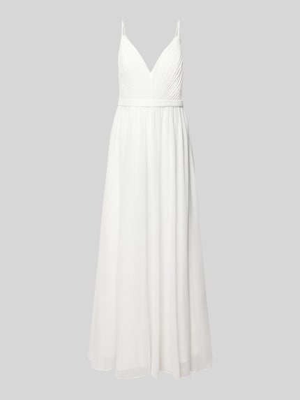 Produktfoto, Abendkleid mit Raffungen und tiefem V-Ausschnitt von Mascara aus weißem Chiffon, A-Linie, Maxikleid mit Spaghettiträgern, sanfte Textur
