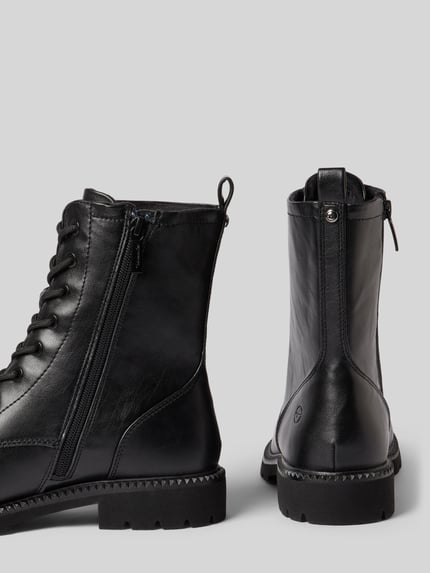Produktfoto, schwarze Schnürstiefel mit Reißverschluss von Tamaris, glattes Leder, silberne Details, robuste Sohle, Damen Schnürstiefel von Tamaris