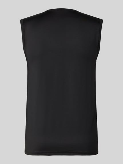 Produktfoto, Muskelshirt aus Modal-Mix mit Rundhalsausschnitt von Mey, schwarzer Stoff, glatte Textur, Slim Fit, Rückansicht.