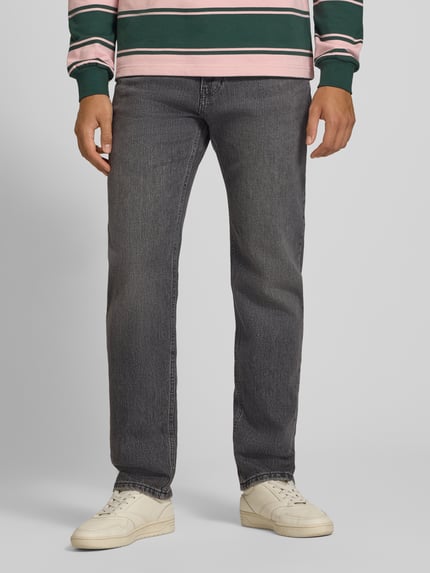 Männermodel trägt Straight Fit Jeans aus elastischem Baumwoll-Mix von REVIEW, 5-Pocket-Design, grau, Nahaufnahme Oberkörper.