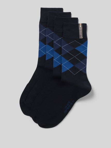 Produktfoto, Socken aus Baumwoll-Mix mit Logo-Stitching im 4er-Pack von camano, Heren sokken van katoenmix met logostitching, set van 4, elastische band, donkerblauw met blauwe ruiten