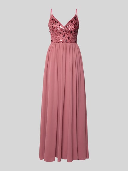 Produktfoto, Abendkleid in Maxilänge mit Paillettenbesatz von Mascara, Tüll, taillierter Schnitt, Spaghettiträger, Herzausschnitt, Rückenlänge 144 cm, Brustweite 39 cm, rosa mit glänzenden Pailletten und fließendem Rock.