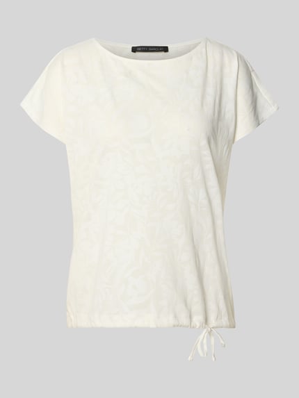 Produktfoto, T-Shirt mit Kordelzug am Saum und Rundhalsausschnitt von Betty Barclay, damski t-shirt z mieszanki materiałów z mieszanką bawełny, krój straight fit, okrągły dekolt, dół z trokiem i wiązaniem, długość tyłu w rozmiarze 36: 60 cm, jasny kolor, subtelny wzór, matowa tekstura