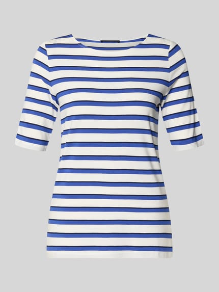Produktfoto, T-Shirt aus Viskose-Mix mit U-Boot-Ausschnitt von Betty Barclay, damski t-shirt, taliowany krój, dekolt w łódkę, rękaw o dł. 1/2, elastyczna mieszanka wiskozy, długość tyłu w rozmiarze 36: 62 cm, biało-niebieskie paski, gładka tekstura