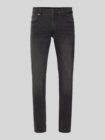 Produktfoto, Stone Washed Slim Fit Jeans von ONLY & SONS, dunkle graue Baumwollmischung mit Stretch-Anteil, 5-Pocket-Design, Knopf- und Reißverschluss, Label-Patch, Modell Loom, glatte Textur.