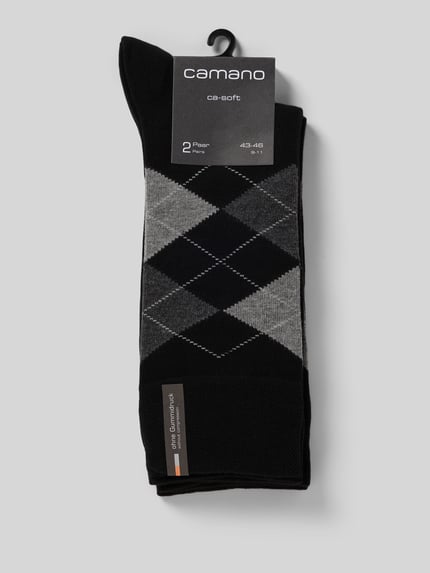 Produktfoto, Socken mit Karomuster im 2er-Pack von camano, czarno-szare, mieszanka bawełny, prążkowany ściągacz, zestaw 2 szt., wzór w kratę, detale z logo