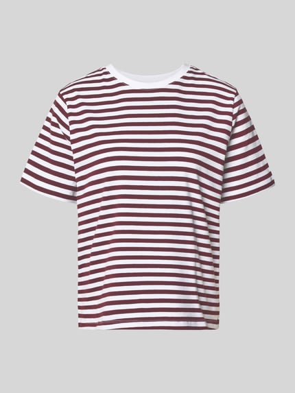Produktfoto, T-Shirt mit Rundhalsausschnitt Modell 'NORA' von VILA aus Baumwoll-Elasthan-Mix, Regular-Fit, gestreift in Weiß und Dunkelrot, Rückenlänge 57 cm bei Größe S, Damen T-Shirt
