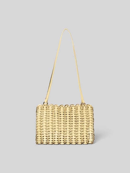Produktfoto, Shoulder Bag in metallic van Rabanne, goudkleurig met lange schouderriem, metalen kettinglook, logo-detail, 23x16x3 cm