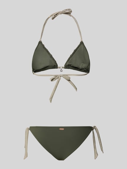 Produktfoto, Bikini mit Schnürung Modell 'YERODASIA KERANGA' von Banana Moon, Grün mit Beige, Material-Mix mit Stretch-Anteil, Körpernahe Passform, Bikini-Hose mit Label-Detail und seitlicher Schnürung.