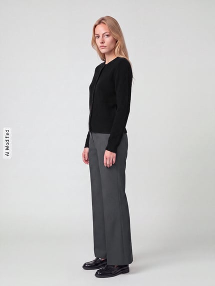 Frauenmodel trägt Regular Fit Strickjacke mit Woll-Anteil Modell 'MALOU' von PIECES in Schwarz, kombiniert mit grauer Hose, Ganzkörperansicht von vorne, KI-modifiziertes Bild.