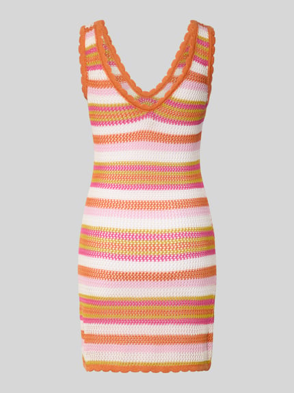 Produktfoto, Minikleid mit V-Ausschnitt Modell 'SILOAM WILDERNESS' von Banana Moon, gestreift in Orange, Pink und Weiß, Baumwoll-Mix, Gerader-Schnitt.