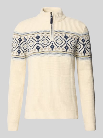 Produktfoto, Norwegerpullover aus Woll-Mix mit Troyer-Kragen von RAGMAN in Creme und Blau, Regular Fit, sichtbarer Reißverschluss, feine Stricktextur