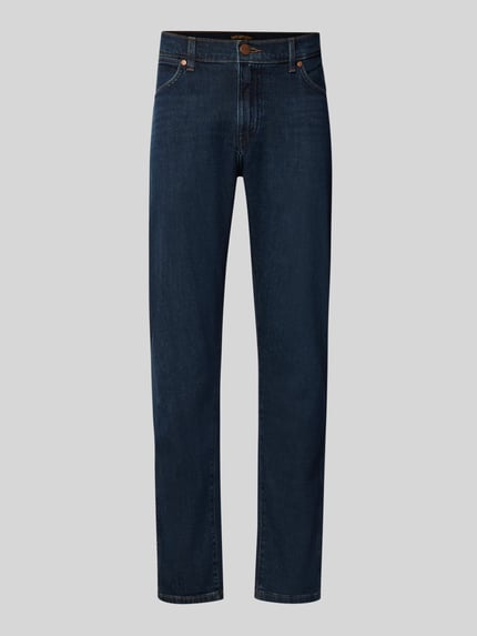 Produktfoto, dunkelblaue Jeans aus Baumwoll-Mix mit schmal zulaufendem Bein, glatte Textur, Tapered Fit Jeans aus Baumwoll-Mix Modell 'Redford' von Wrangler, Herren Tapered Fit Jeans