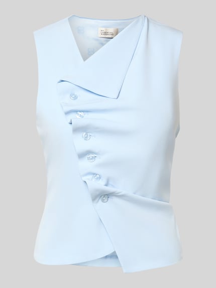 Productfoto, top in asymmetrische look van My Essential Wardrobe, lichtblauw, materiaalmix met viscose, nauwsluitend, knoopsluiting, maat 36 ruglengte 51 cm, schouderbreedte 31 cm, borstwijdte 42 cm