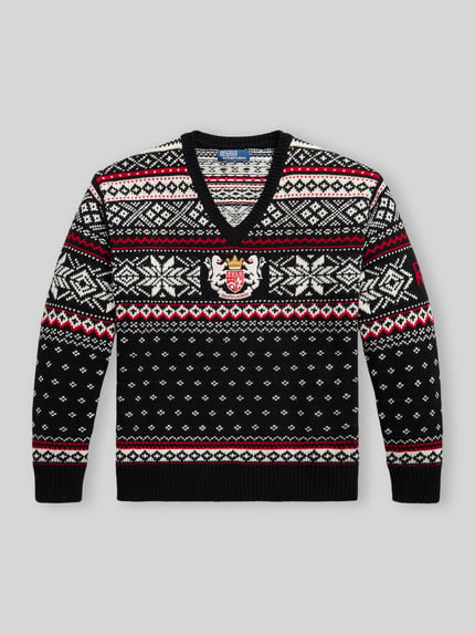 Produktfoto, Pullover mit Wappenstickerei von POLO RALPH LAUREN in Strickoptik, mehrfarbig mit Allover-Rauten- und Sternenmuster, V-Ausschnitt, Jacquard-Textur