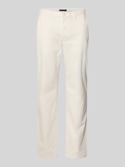 Produktfoto, Slim Fit Chino aus Baumwoll-Mix von Tommy Hilfiger in Unifarben, mit Gürtelschlaufen und Logo-Patch, Knopfverschluss, Baumwollstruktur