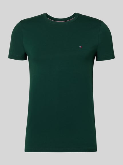 Produktfoto, Slim Fit T-shirt uit katoenmix van Tommy Hilfiger, look: effen, logodetail, ronde hals, korte mouw, stretchmateriaal