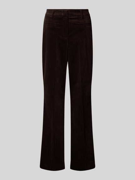 Produktfoto, Stoffhose mit angedeuteten Gesäßleistentaschen von MORE & MORE in Dunkelbraun, ausgestellter Schnitt, Baumwoll-Mix mit Stretch-Anteil, sichtbare Leistentaschen und Haken- sowie Reißverschluss, glatte Textur