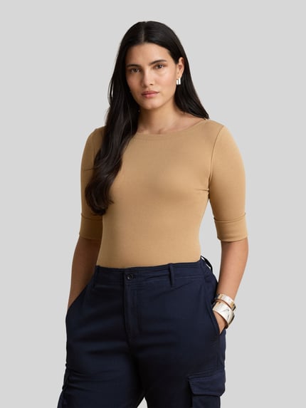 Lauren Ralph Lauren Slim fit t-shirt van katoenmix model 'JUDY' Camel - 3