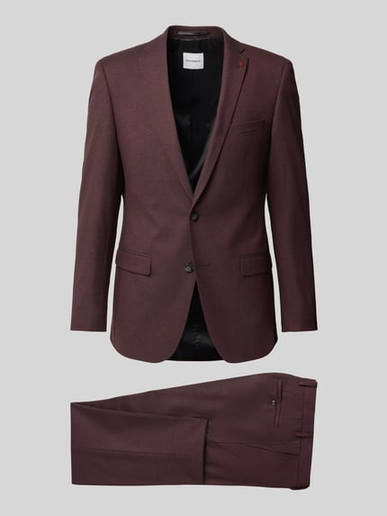 Produktfoto, Regular Fit Sakko mit Viskose-Anteil von ROY ROBSON in dunklem Rotbraun, Zwei-Knopfleiste, elastischer Material-Mix, strukturierte Oberfläche, abgebildet mit passender Hose, schlichte Formen und glatte Textur, Reverskragen, Pattentaschen, Bundweite 45 cm, Rückenlänge 75 cm, Schulterbreite 39 cm, Ärmellänge 65 cm, Innenbeinlänge 58 cm.
