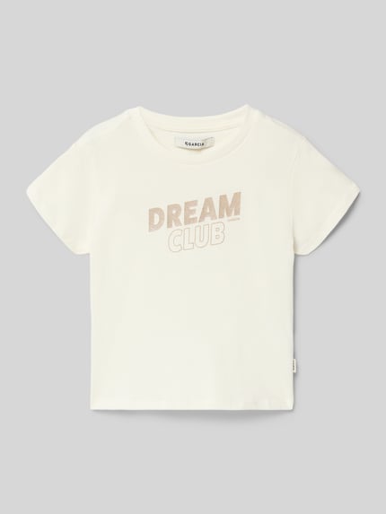 Produktfoto, Regular Fit T-Shirt mit Statement-Print von Garcia, reine Baumwolle, Glitzer-Optik, Rundhalsausschnitt, cremefarben