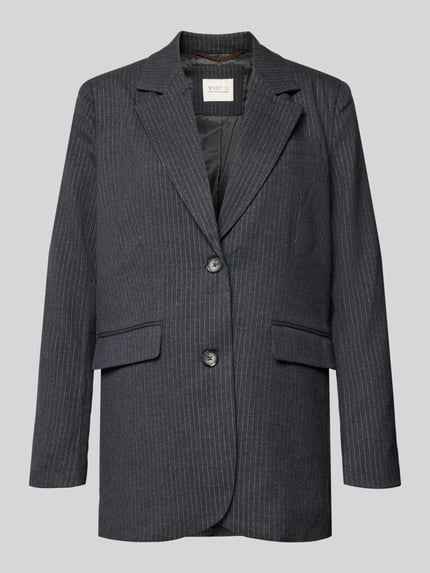 Produktfoto, Relaxed Fit Longblazer mit Nadelstreifen Modell 'PRISCILA' von Pepe Jeans mit Reverskragen, 2-Knopf-Verschluss, Rückenschlitz, Brustleistentasche, Pattentaschen, Optik: Allover-Muster, Longline-Länge, fein strukturierte Oberfläche, dunkle Grundfarbe mit hellen Streifen
