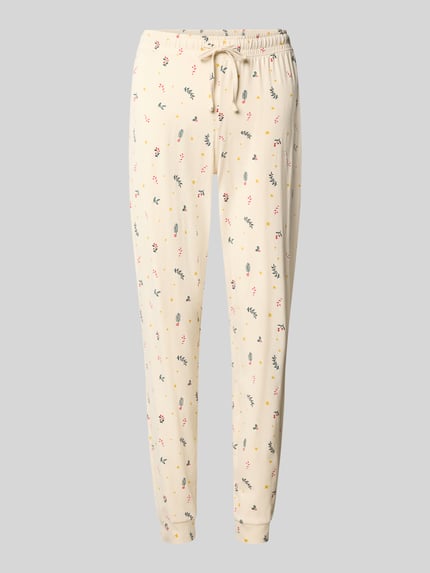 Produktfoto, Slim Fit Pyjama-Hose aus reiner Baumwolle von Jake*s Casual in hellem Beige mit zarten, floralen Mustern und glatter Struktur.