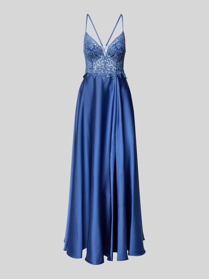 Produktfoto, Abendkleid mit Stitchings und rückseitiger Schnürung von Laona in Blau, Satin, taillierter Schnitt, Maxikleid, Ziersteinbesatz