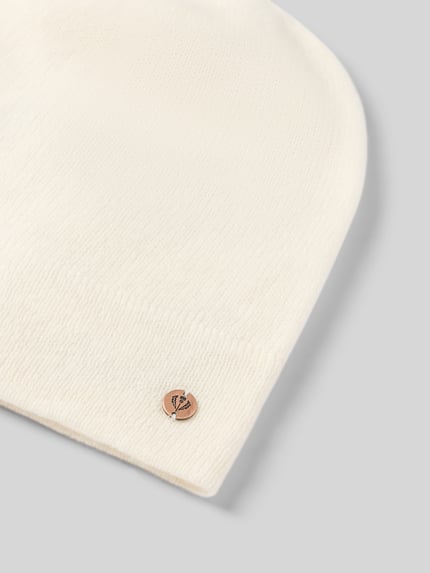 Produktfoto, Beanie aus reinem Kaschmir von FRAAS in Creme mit Aplikacja z metką und Ozdobny szew, miękka kaszmirowa tekstura