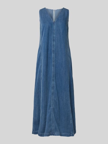Productfoto, Jeanskleid met V-hals model 'SASKYLAR' van Samsøe Samsøe, puur lyocell, losse fit, midijurk, blauwe tinten, glad oppervlak