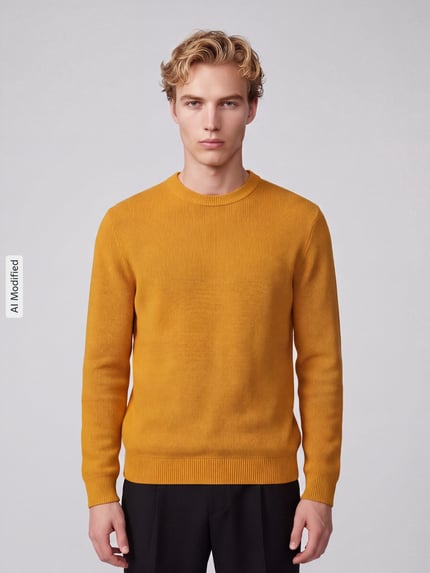 Männermodel draagt Regular Fit Pullover aus reiner katoen model 'DANE' van Selected in mosterdgeel, Heren pullover, Ganzkörperansicht van voren, KI-modificeerd beeld