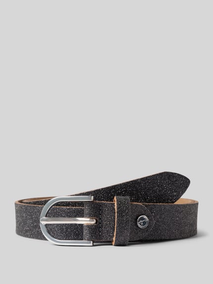 Produktfoto, Gürtel aus echtem Leder mit Glitzer von Tamaris in Schwarz mit silberner Schnalle, schlichte Form, leichte Glitzertextur